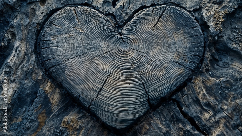 Fototapeta premium Heart-shaped wooden carving on a weathered tree trunk in a serene natural setting