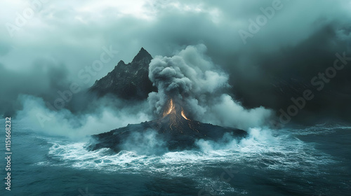 Volcanic Eruption on a Misty Island: A Dramatic Seascape
