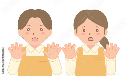 手のひらを向けて拒否するエプロン姿の男女スタッフ（上半身）