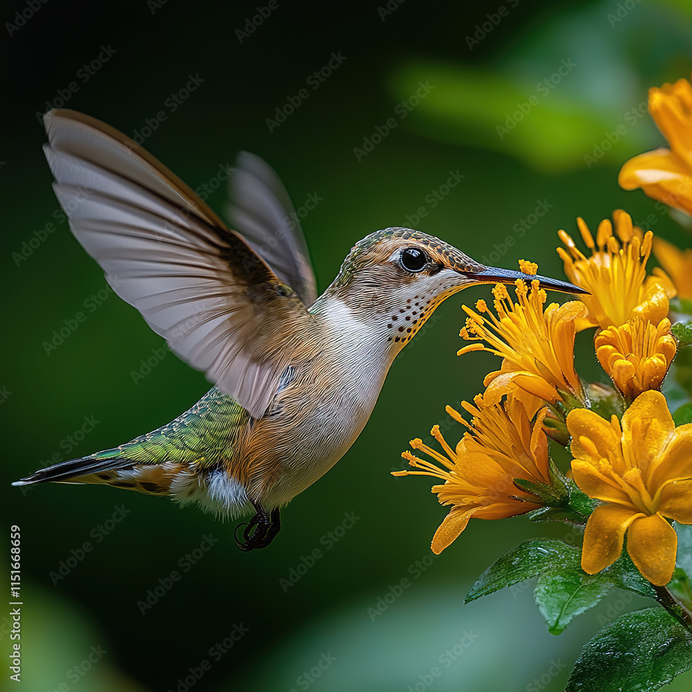 Fototapeta premium A hummingbird captured mid-flight sipping nectar from a flower