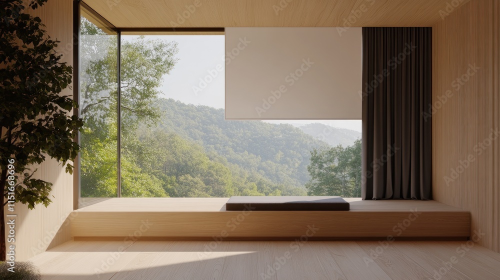 Fototapeta premium Minimalist room with mountain view, window seat, and wood flooring.