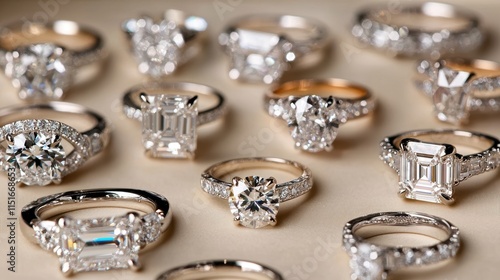 Elegant engagement rings diverse diamonds in high-quality close-up imagery