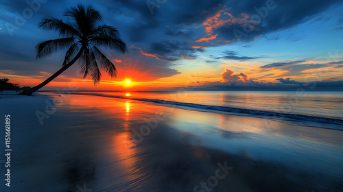 Stunning Sunset on Tropical Beach: Palm Tree Silhouette at Golden Hour