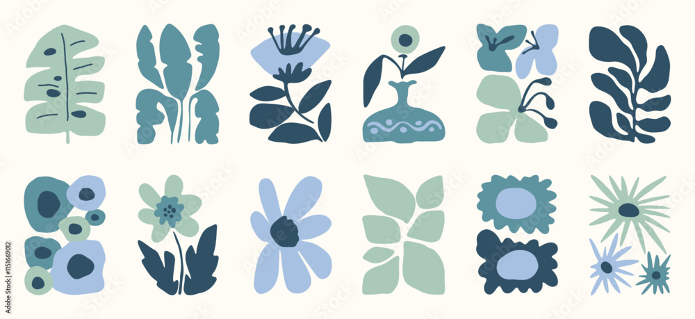 Fototapeta premium Botanical doodle background art vector set. Flower and leaves abstract shape doodle art design for print, wallpaper, clipart, wall art for home decoration.