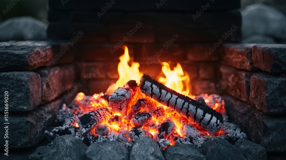 Fototapeta premium Fireplace and heat maintenance, A glowing fire burns in a stone fireplace, surrounded by embers and ash, creating a warm and inviting atmosphere.