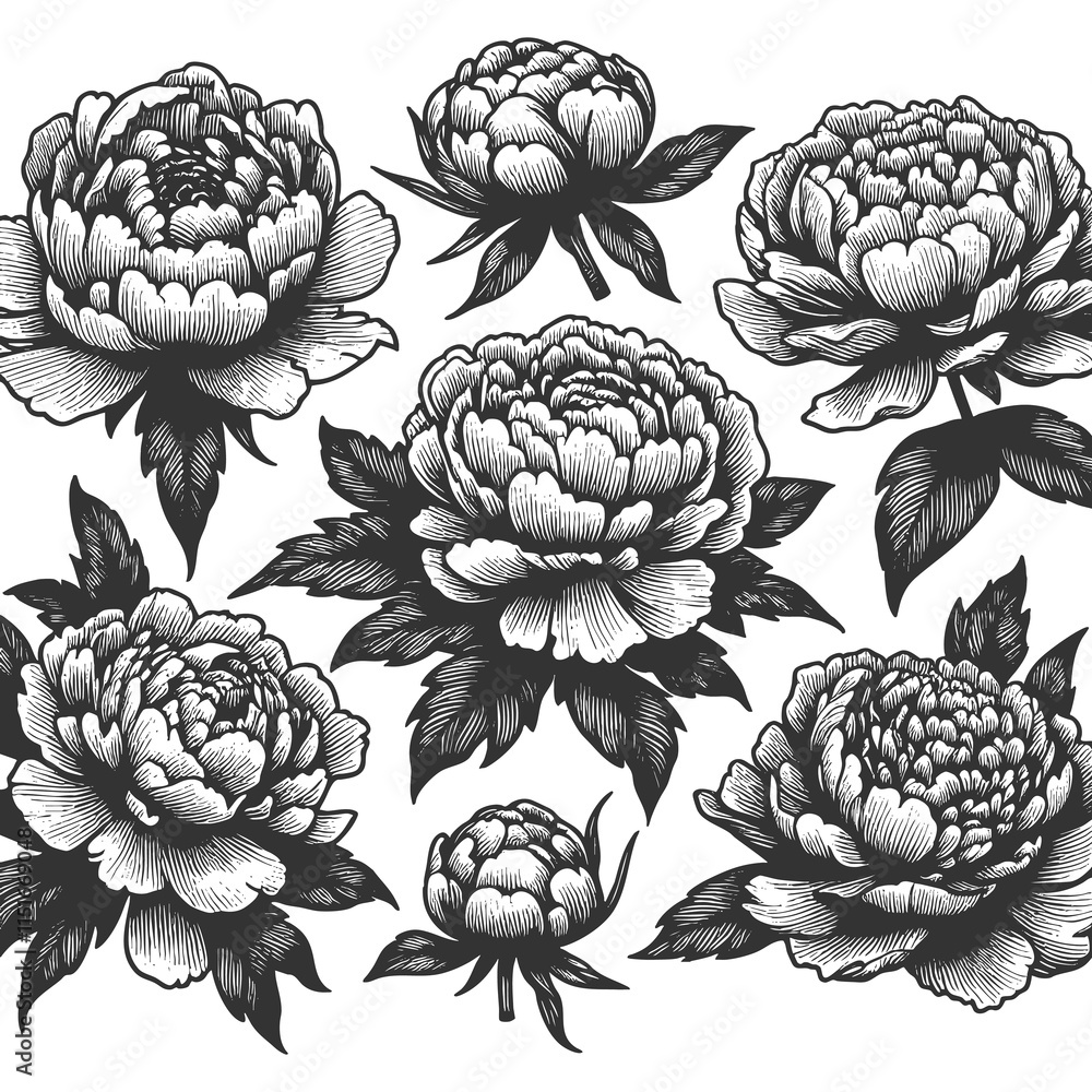 Set of blooming peonies with leaves. Tattoo design detailed floral sketch engraving generative ai raster illustration. Scratch board imitation. Black and white image. Set of blooming peonies with leaves. Tattoo design detailed floral sketch engraving generative ai raster illustration. Scratch board imitation. Black and white image.