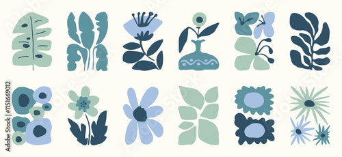 Botanical doodle background art vector set. Flower and leaves abstract shape doodle art design for print, wallpaper, clipart, wall art for home decoration.