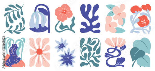 Botanical doodle background art vector set. Flower and leaves abstract shape doodle art design for print, wallpaper, clipart, wall art for home decoration.