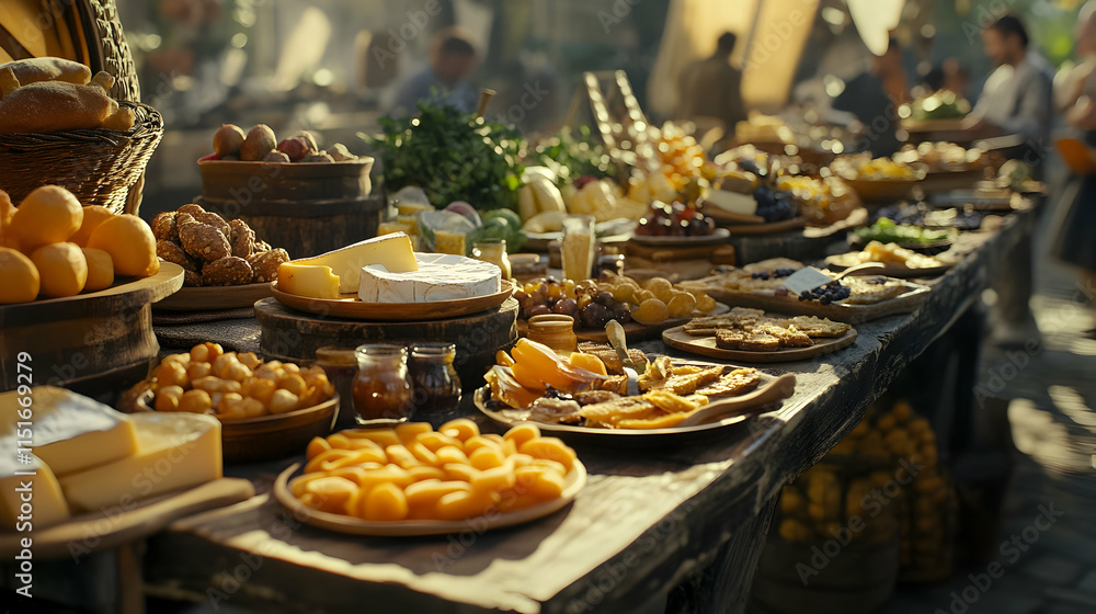 A Lavish Medieval Feast: A Table of Artisan Cheeses, Fresh Bread, and Sweet Fruits A Lavish Medieval Feast: A Table of Artisan Cheeses, Fresh Bread, and Sweet Fruits