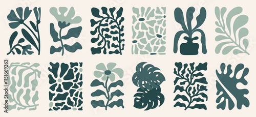 Botanical doodle background art vector set. Flower and leaves abstract shape doodle art design for print, wallpaper, clipart, wall art for home decoration.