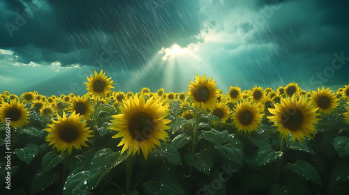 Sunflowers in the Rain: A Stunning Field of Yellow under a Dramatic Sky