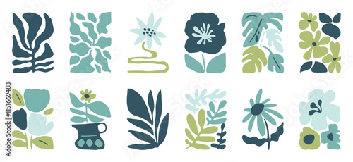 Botanical doodle background art vector set. Flower and leaves abstract shape doodle art design for print, wallpaper, clipart, wall art for home decoration.