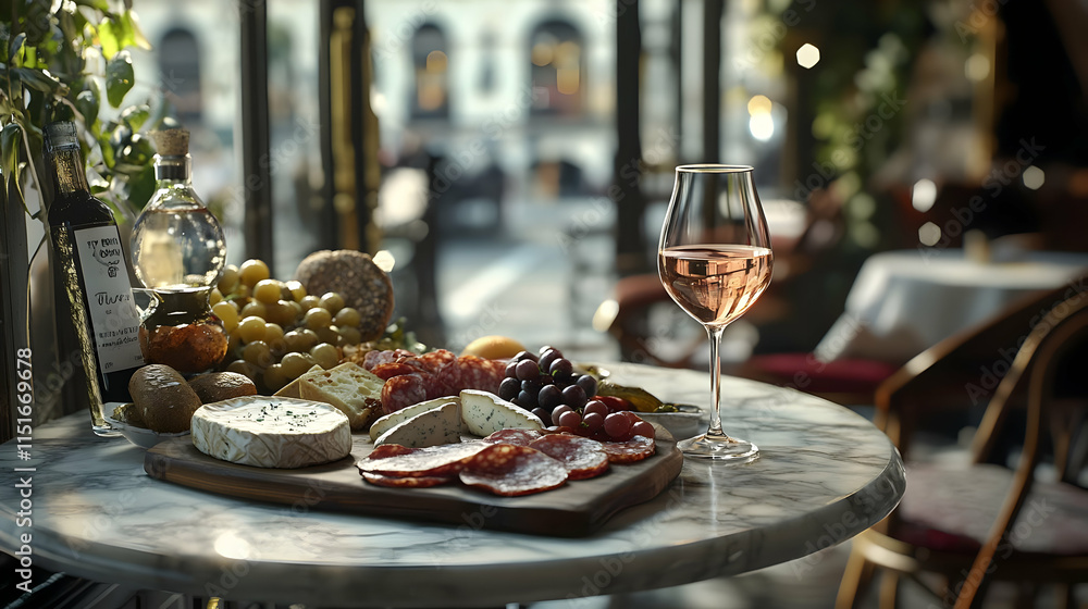 A delectable cheese and charcuterie board, paired with a glass of refreshing rose wine. Perfect for a romantic lunch or dinner at a charming cafe. A delectable cheese and charcuterie board, paired with a glass of refreshing rose wine. Perfect for a romantic lunch or dinner at a charming cafe.
