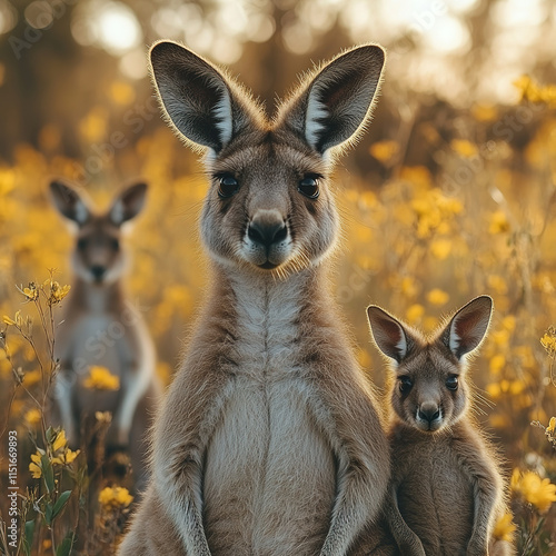 A kangaroo with a joey peeking out of its pouch in the Australian outback photo