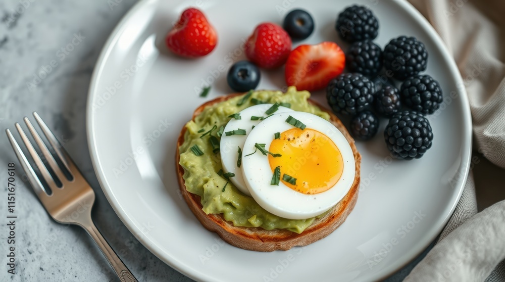 A vibrant breakfast toast topped with avocado slices, a sunny-side-up egg, blueberries, and strawberries, served on a white plate A vibrant breakfast toast topped with avocado slices, a sunny-side-up egg, blueberries, and strawberries, served on a white plate