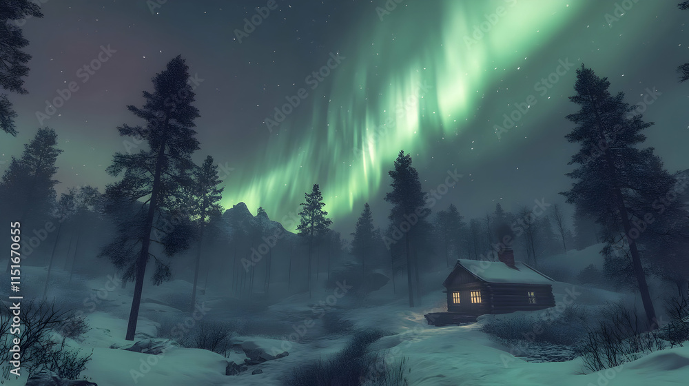 Aurora Borealis over a Cozy Cabin in a Snowy Forest Aurora Borealis over a Cozy Cabin in a Snowy Forest