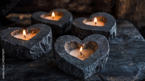 Heart-shaped candles illuminate a cozy and romantic evening setting