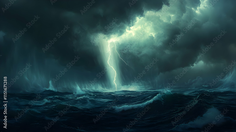 Ocean Storm: Dramatic Lightning Strike over Turbulent Waves Ocean Storm: Dramatic Lightning Strike over Turbulent Waves