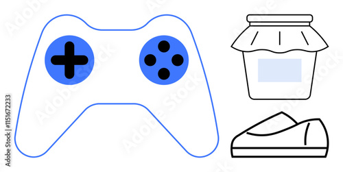 Game controller with blue accents, jam jar, and casual shoe. Ideal for gaming, food, fashion, lifestyles, hobbies, marketing, education. Line metaphor