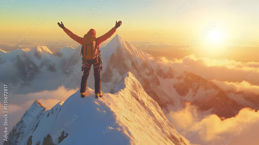 Triumphant Climber on Snowy Mountain Peak at Sunrise Triumphant Climber on Snowy Mountain Peak at Sunrise