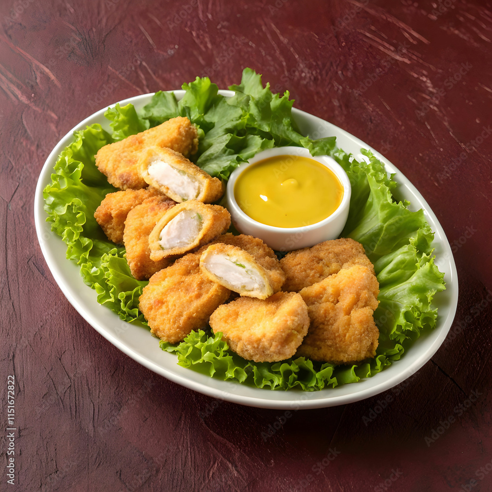 Chicken nuggets are breaded, deep-fried pieces of chicken, often served Chicken nuggets are breaded, deep-fried pieces of chicken, often served
