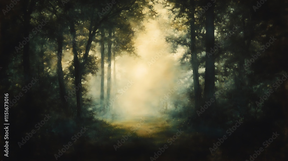 Fototapeta premium Mystical forest path with fog and sunlight.