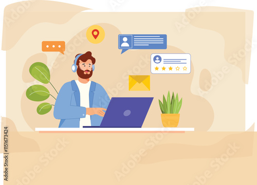 n illustration depicting customer support and inquiry response, featuring a support agent responding to a customer’s inquiry through a digital chat interface