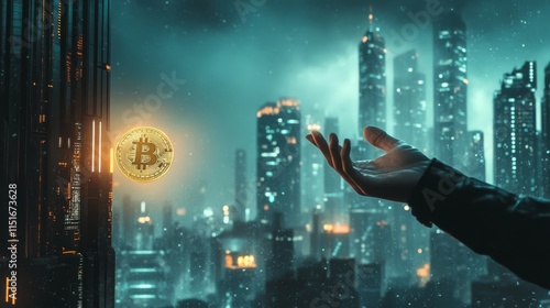 Hand Reaching for Digital Coins Against Urban Skyline photo