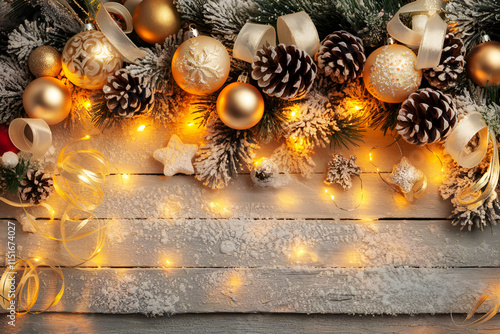 Glowing ornaments with pinecones and ribbons, warm golden light for a cozy holiday mood photo