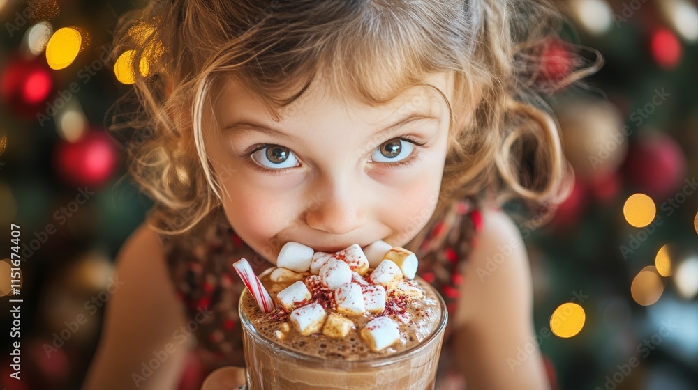 Little Girl Enjoys Hot Chocolate with Marshmallows at Christmas, Winter Wonderland Delight