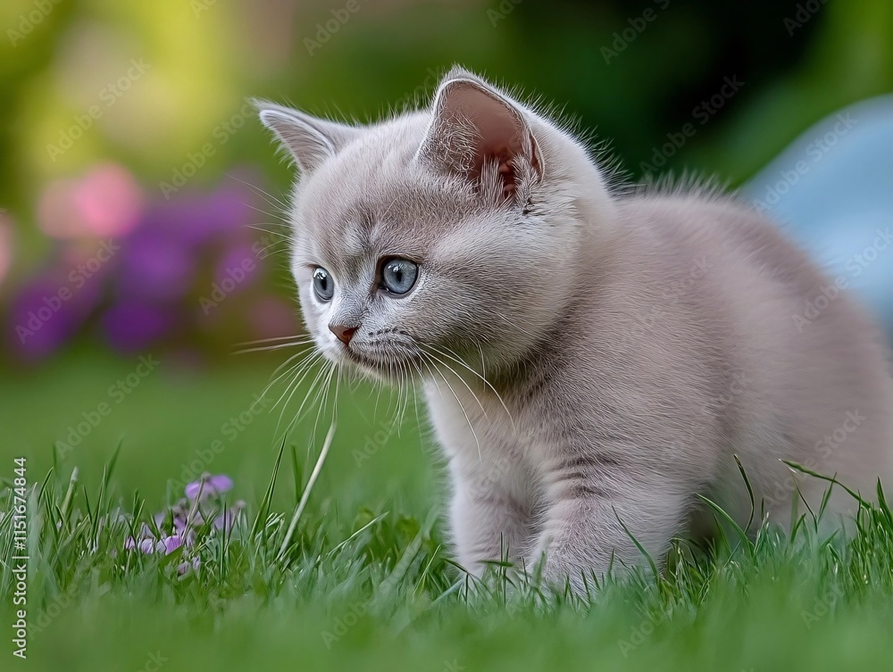 A beautiful gray kitten with blue eyes curiously exploring the grass in a garden, surrounded by a soft, colorful, blurred background of greenery and flowers A beautiful gray kitten with blue eyes curiously exploring the grass in a garden, surrounded by a soft, colorful, blurred background of greenery and flowers