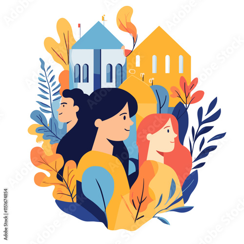 Illustration concept of global homogenization with cultural symbols blending and technological icons, highlighting diversity and connection in a modern world