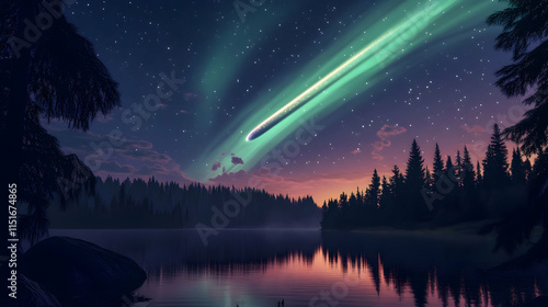 Comet Over the Forest Lake: A Night Sky Wonder