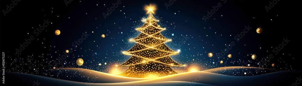 Glowing Christmas Tree with Golden Lights and Sparkling Snowflakes Against a Dark Night Sky for Holiday Celebrations and Seasonal Decor Glowing Christmas Tree with Golden Lights and Sparkling Snowflakes Against a Dark Night Sky for Holiday Celebrations and Seasonal Decor