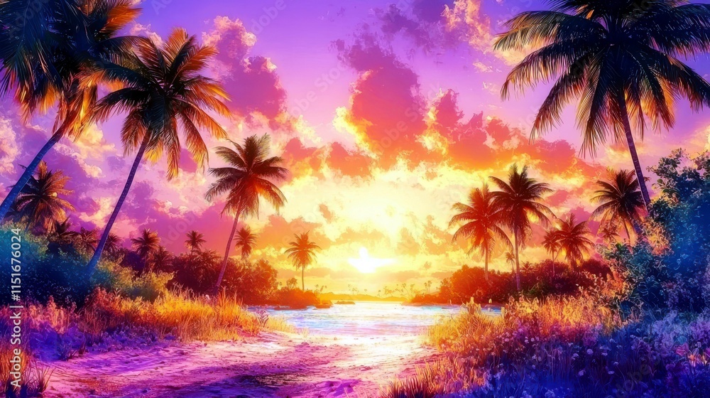 Obraz premium Vibrant Sunset Over Tropical Beach with Palm Trees and Colorful Sky Illuminating the Tranquil Waters and Scenic Landscape of Nature's Beauty