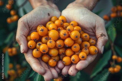 Sea buckthorn in the palms photo