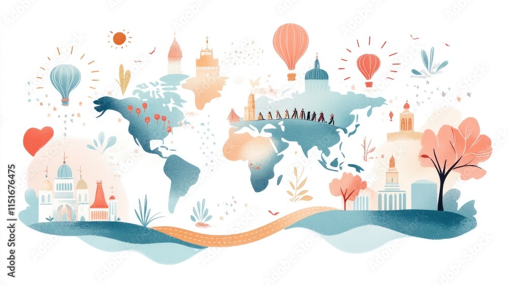 Fototapeta premium Whimsical world map with landmarks and hot air balloons illustrating global unity and adventure