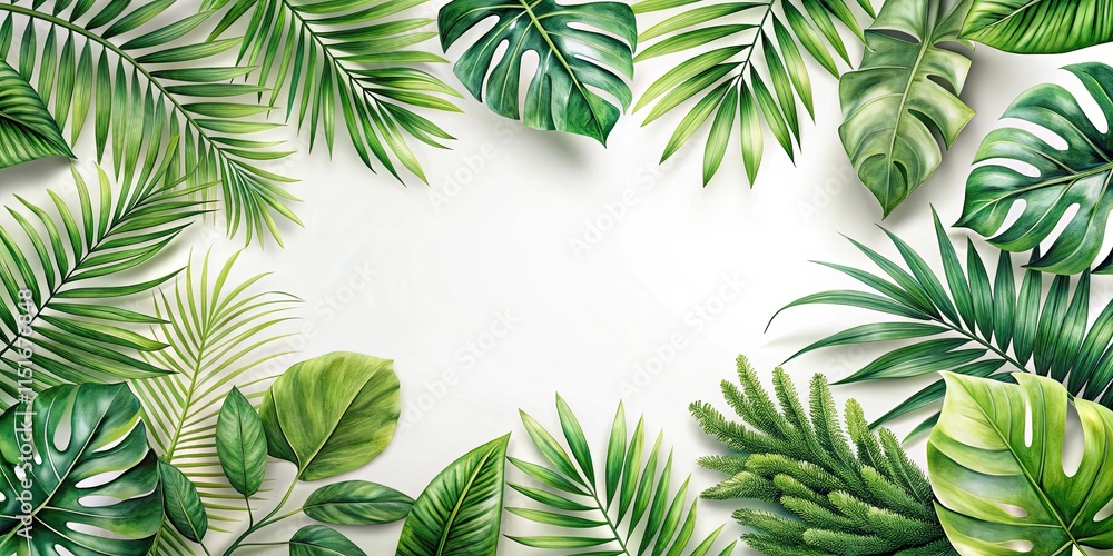 Naklejka premium Lush Tropical Foliage Frame with White Background Ideal for Summer Designs and Projects