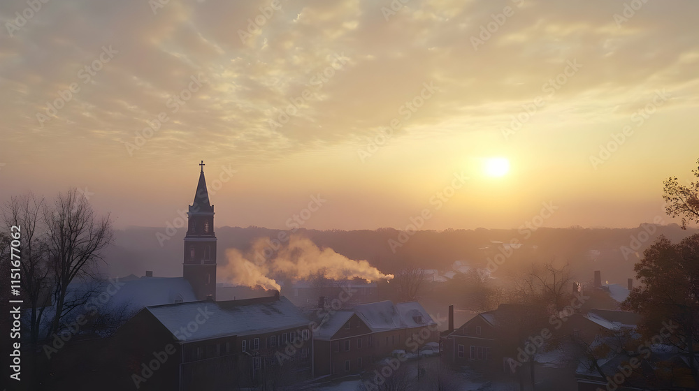 Sunrise over a snow covered town with church steeple Sunrise over a snow covered town with church steeple