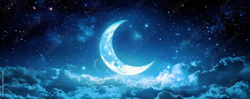 Fototapeta premium Serene Night Sky with Crescent Moon and Starry Background Illuminating Clouds in a Magical Twilight Atmosphere