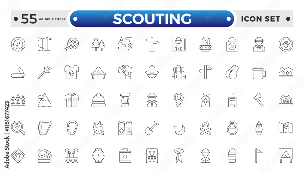 Scouting outline icons showing the equipment and activities for hiking, camping and outdoor education including fire, cooking, backpack, tent, canoe, compass, canteen. Editable stroke outline icon.
Scouting outline icons showing the equipment and activities for hiking, camping and outdoor education including fire, cooking, backpack, tent, canoe, compass, canteen. Editable stroke outline icon.