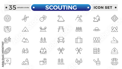 Scouting outline icons showing the equipment and activities for hiking, camping and outdoor education including fire, cooking, backpack, tent, canoe, compass, canteen. Editable stroke outline icon.
