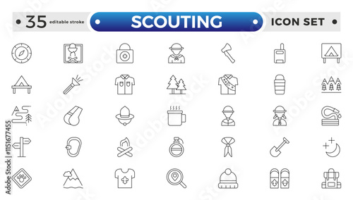 Scouting outline icons showing the equipment and activities for hiking, camping and outdoor education including fire, cooking, backpack, tent, canoe, compass, canteen. Editable stroke outline icon.
