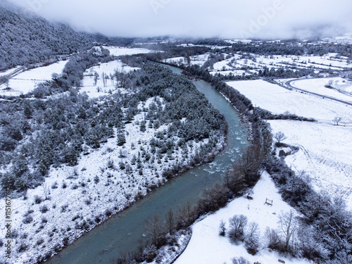 Aerial photo of Fiscal (Huesca) covered in snow. Aragon Pyrenees