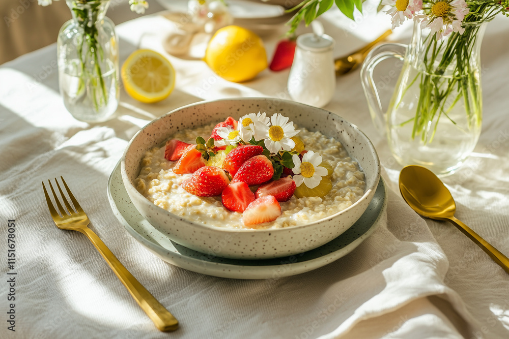 Bowl of oatmeal topped with fresh strawberries, chamomile flowers, and honey served on a sunny breakfast table
Bowl of oatmeal topped with fresh strawberries, chamomile flowers, and honey served on a sunny breakfast table