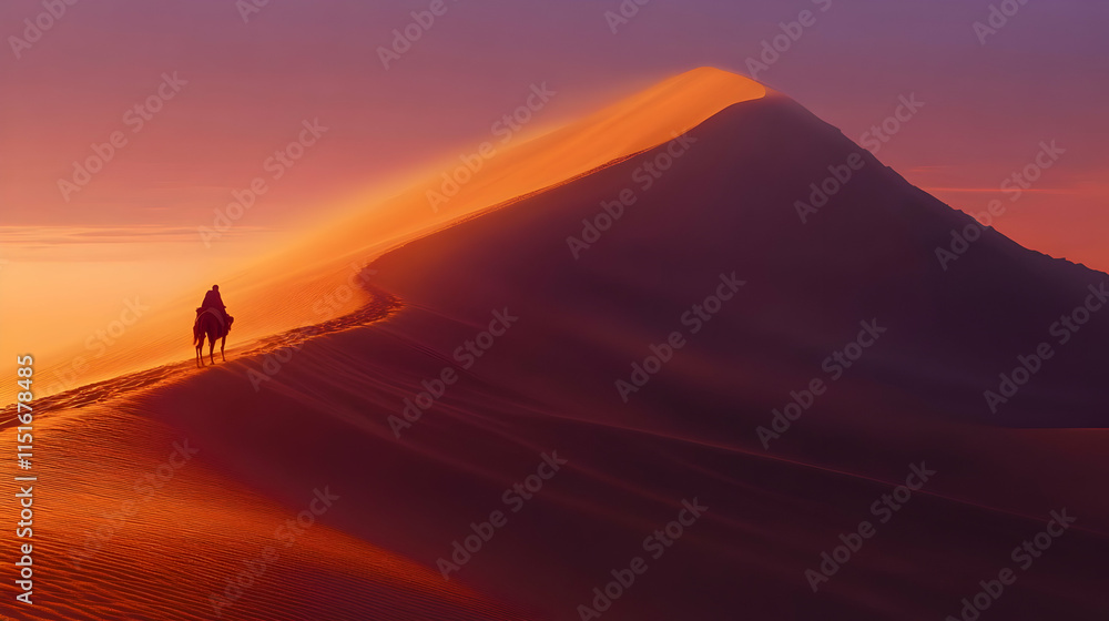 Camel Rider at Sunset: A Majestic Desert Landscape Camel Rider at Sunset: A Majestic Desert Landscape