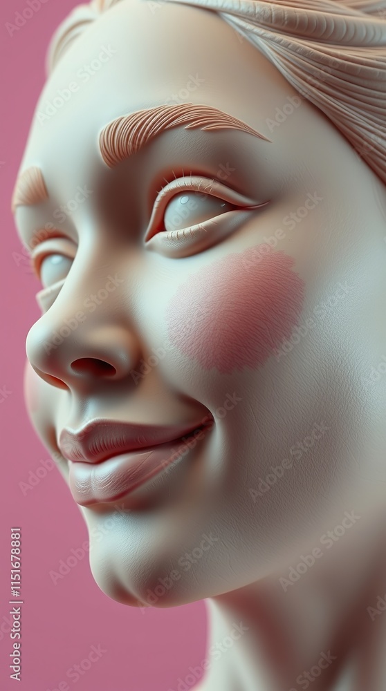 Close-up of a 3D-rendered female face, showcasing a gentle smile against a soft pink backdrop. Subtle blush adds warmth to the pale complexion. Close-up of a 3D-rendered female face, showcasing a gentle smile against a soft pink backdrop. Subtle blush adds warmth to the pale complexion.