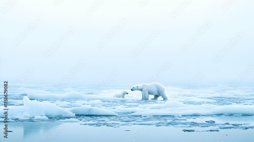Naklejka premium Polar Bear and Cub on Melting Arctic Ice