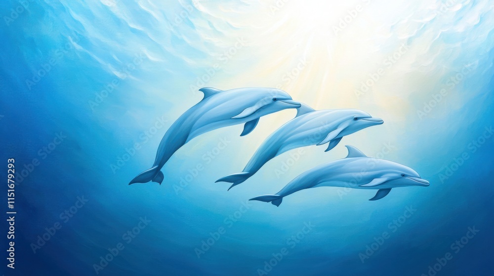 Fototapeta premium A pod of dolphins swimming gracefully underwater in a vibrant blue ocean