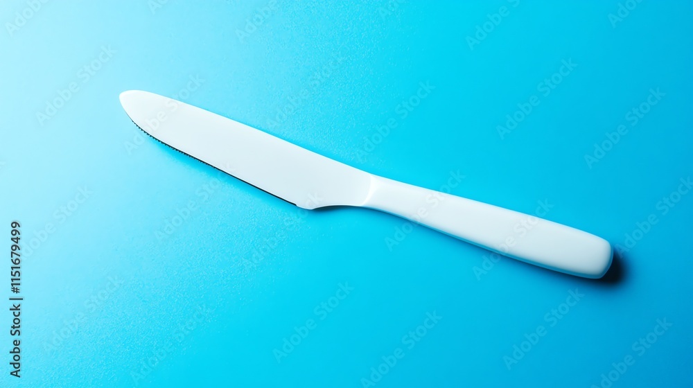 A white plastic butter knife on a blue background. A white plastic butter knife on a blue background.